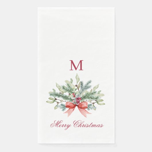Frohe Weihnachts Red Monogram Greenery Serviette (Vorderseite)