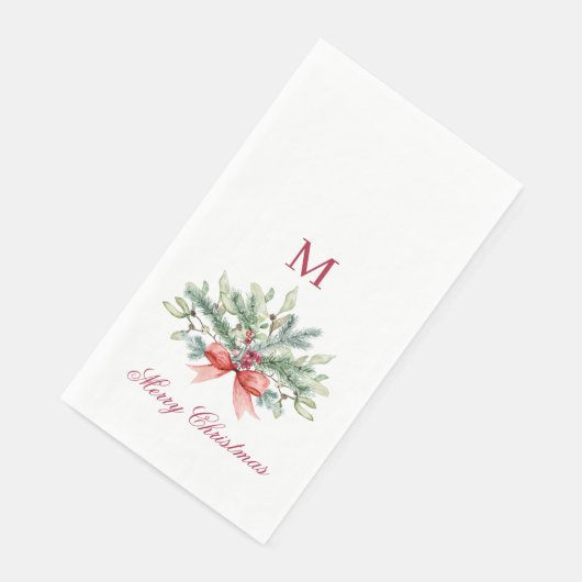 Frohe Weihnachts Red Monogram Greenery Serviette (Ecke)