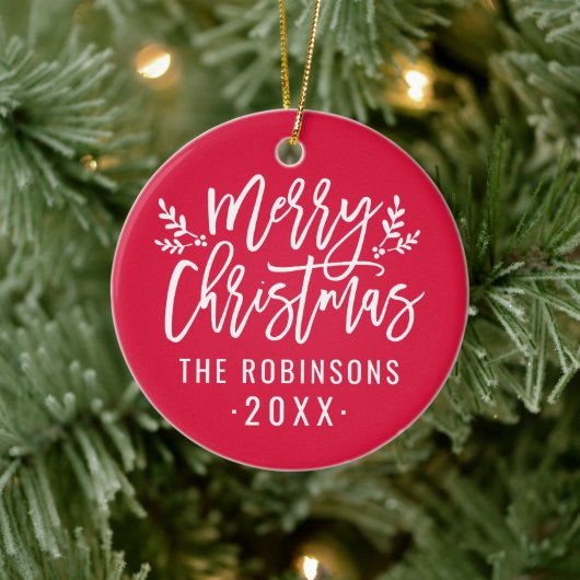 Frohe Weihnachts Red Script Custom Family Foto Keramikornament (Baum)