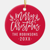 Frohe Weihnachts Red Script Custom Family Foto Keramikornament (Vorne)