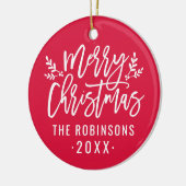 Frohe Weihnachts Red Script Custom Family Foto Keramikornament (Links)