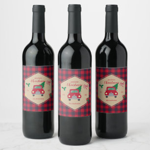 Frohe Weihnachts Red Truck Buffalo Karierter Urlau Weinetikett