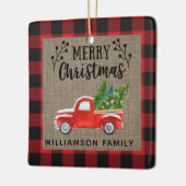 Frohe Weihnachts Red Truck Buffalo Karo Family Keramikornament (Links)