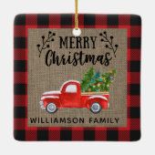 Frohe Weihnachts Red Truck Buffalo Karo Family Keramikornament (Rückseite)
