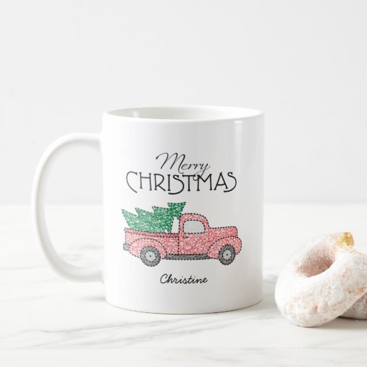 Frohe Weihnachts Red Truck Green Tree mit Namen Kaffeetasse (Mit Donut)