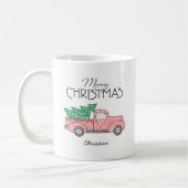 Frohe Weihnachts Red Truck Green Tree mit Namen Kaffeetasse (Links)