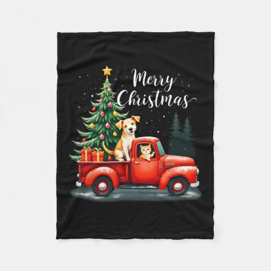 Frohe Weihnachts Red Truck mit Hund & Amp; Katzen Fleecedecke (Vorderseite)