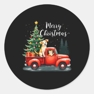 Frohe Weihnachts Red Truck mit Hund & Amp; Katzen Runder Aufkleber
