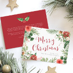 Frohe Weihnachts Red Watercolor Floral Holiday Car<br><div class="desc">Diese wunderschöne Ferienkarte besticht durch elegante Aquarellfarben-rote Blume mit Grün auf weißem Hintergrund und Fröhliche Weihnachten in rotem Text. Die Rückseite der Karte ist rot,  um auf die Vorderseite zu passen. Personalisieren Sie diese,  indem Sie Ihren Familiennamen hinzufügen.</div>