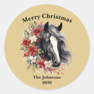 Frohe Weihnachts Regal Black Horse Brown Wreath Runder Aufkleber