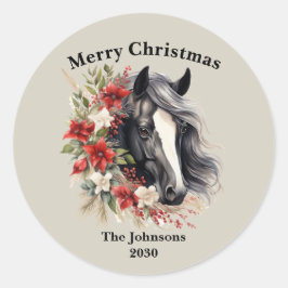 Frohe Weihnachts Regal Black Horse Wreath Runder Aufkleber