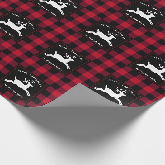 Frohe Weihnachts Reindeer Red Black Buffalo Karo Geschenkpapier (Ecke)