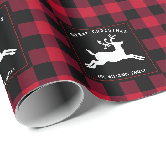 Frohe Weihnachts Reindeer Red Black Buffalo Karo Geschenkpapier (Rolleneckpunkt)