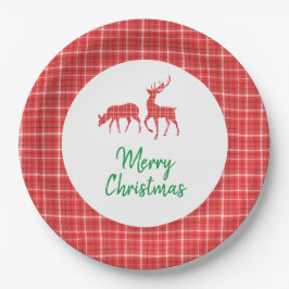 Frohe Weihnachts Reindeer Red White Twill Kariert Pappteller