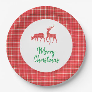 Frohe Weihnachts Reindeer Red White Twill Kariert Pappteller