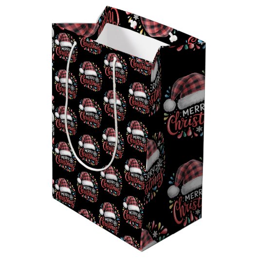 Frohe Weihnachts Reindeer Xmas Familie Red Kariert Mittlere Geschenktüte (Rückseite Schrägansicht)