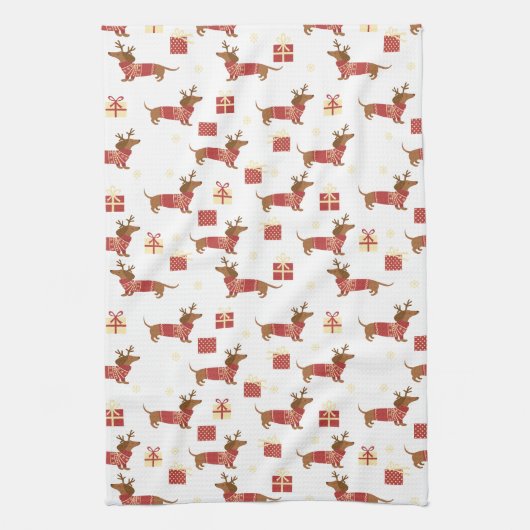 Frohe Weihnachts-Rentier-Dackel Geschirrtuch (Vertikal)