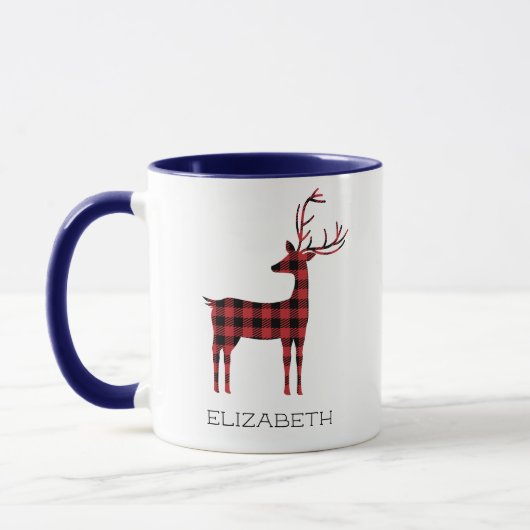 Frohe Weihnachts-Rentier Kariertes Geschenk Blauer Tasse (Links)