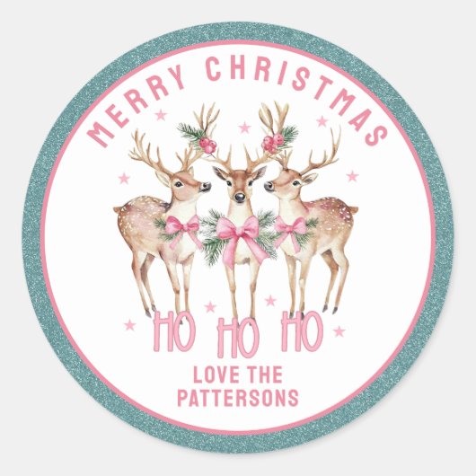 Frohe Weihnachts-Rentier-Personalisierter Name Runder Aufkleber (Vorderseite)