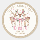 Frohe Weihnachts-Rentier-Personalisierter Name Runder Aufkleber (Vorderseite)