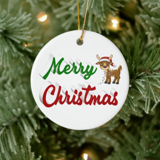 Frohe Weihnachts-Rentier-Rot-Grün-Skript Keramik Ornament (Baum)