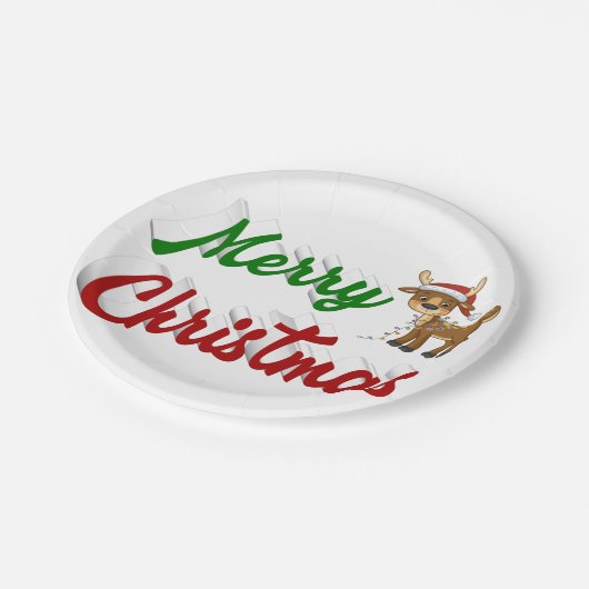Frohe Weihnachts-Rentier-Rot-Grün-Skript Pappteller (Schrägansicht)