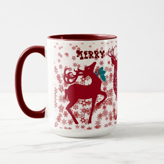 Frohe Weihnachts-Rentierschneeflocken Santa Helper Tasse (Links)