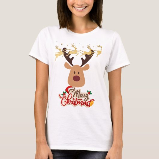 Frohe Weihnachts-Rentierspass Red Gold Typografie T-Shirt (Vorderseite)