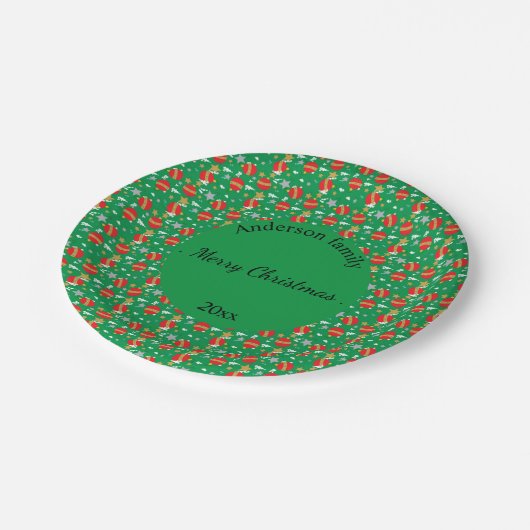 Frohe Weihnachts Retro-Name und Datum Ort Pappteller (Schrägansicht)