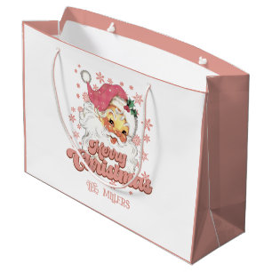 Frohe Weihnachts Retro Typografie Santa Pink Hat Große Geschenktüte