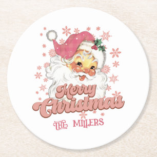 Frohe Weihnachts Retro Typografie Santa Pink Hat Runder Pappuntersetzer
