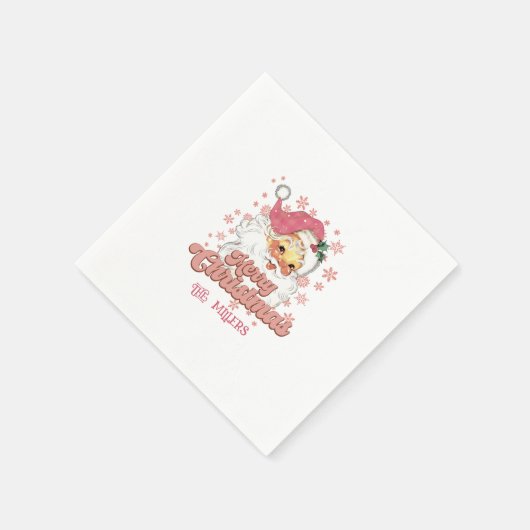 Frohe Weihnachts Retro Typografie Santa Pink Hat Serviette (Ecke)