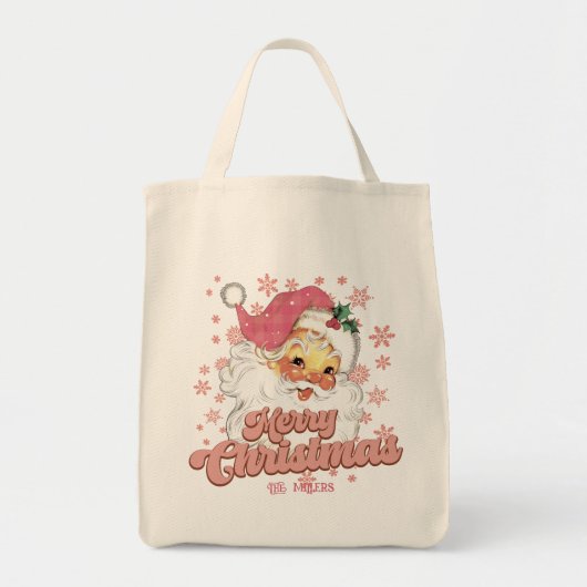Frohe Weihnachts Retro Typografie Santa Pink Hat Tragetasche (Vorne)