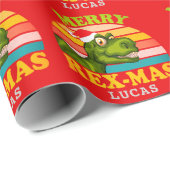 Frohe Weihnachts Rex-mas Dinosaurier Personalisier Geschenkpapier (Rolleneckpunkt)