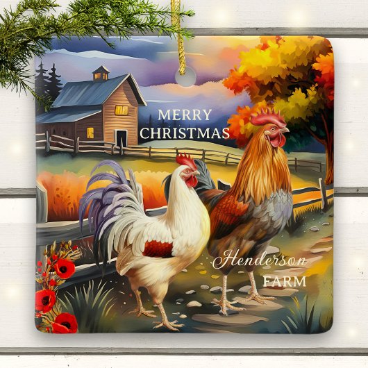 Frohe Weihnachts-Rooster-Hühnerfarm Keramikornament