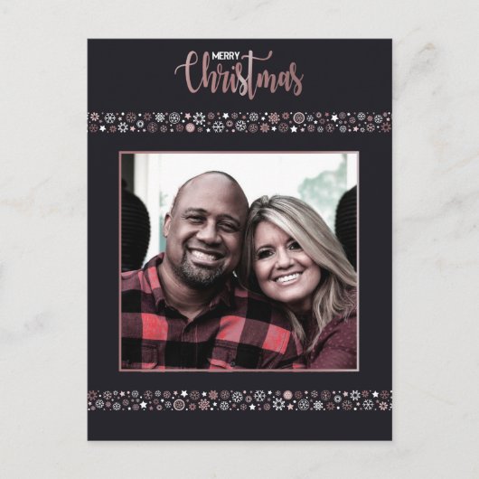 Frohe Weihnachts Rosa Goldschneeflocke grau Feiertagspostkarte (Vorderseite)