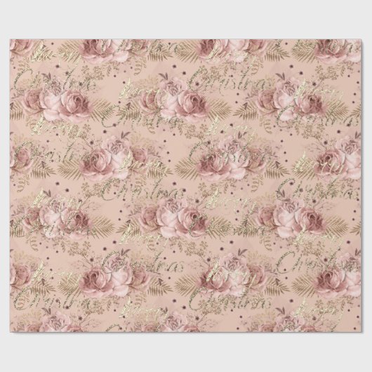 Frohe Weihnachts-Rose Gold Glitzer Script floral Geschenkpapier (Flach)