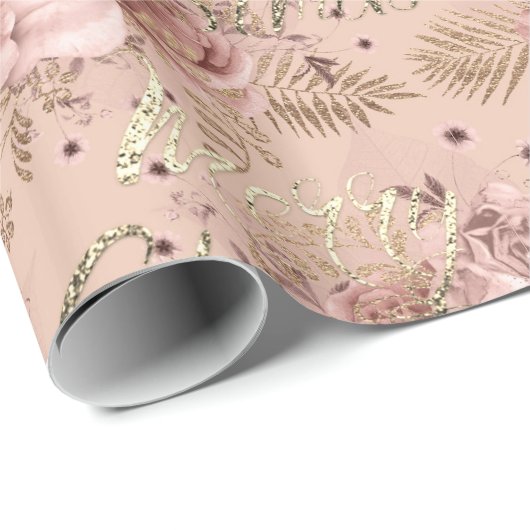Frohe Weihnachts-Rose Gold Glitzer Script floral Geschenkpapier (Rolleneckpunkt)