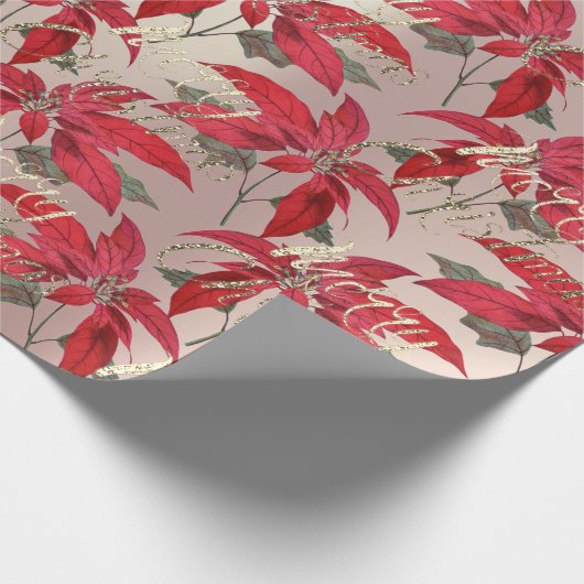 Frohe Weihnachts-Rose Gold Glitzer Script Red Flor Geschenkpapier (Ecke)