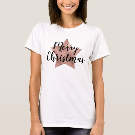 Frohe Weihnachts-Rose Gold Pink Star T-Shirt (Vorderseite)