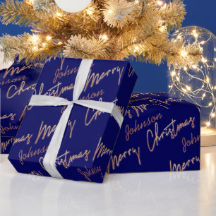 Frohe Weihnachts-Rose Gold-Script aus Name Navy Geschenkpapier