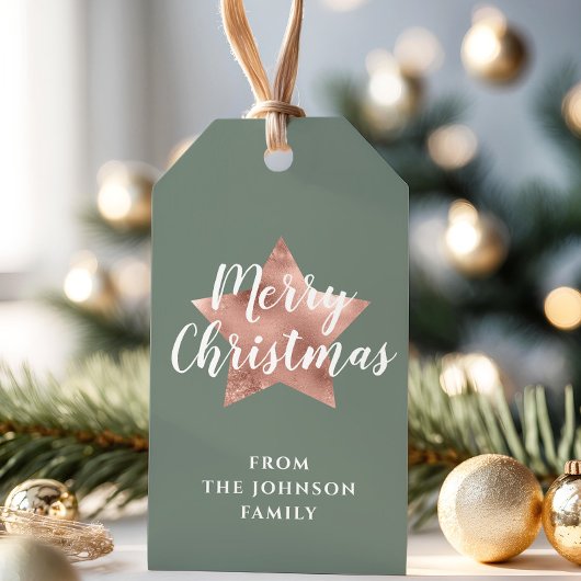 Frohe Weihnachts-Rose Gold Star Sage Green Geschenkanhänger