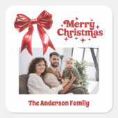 Frohe Weihnachts-Rot-Bogen-Retro-Foto Quadratischer Aufkleber (Vorderseite)