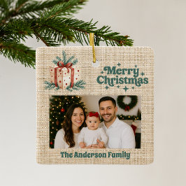 Frohe Weihnachts-Rot-Foto-beige Burlap-Geschenkbox Keramikornament