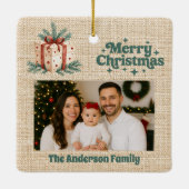 Frohe Weihnachts-Rot-Foto-beige Burlap-Geschenkbox Keramikornament (Rückseite)
