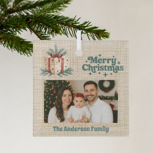 Frohe Weihnachts-Rot-Foto-beige Burlap-Geschenkbox Ornament Aus Glas