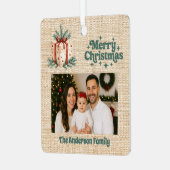 Frohe Weihnachts-Rot-Foto-beige Burlap-Geschenkbox Ornament Aus Metall (Vorderseite links)
