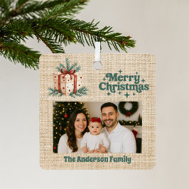 Frohe Weihnachts-Rot-Foto-beige Burlap-Geschenkbox Ornament Aus Metall