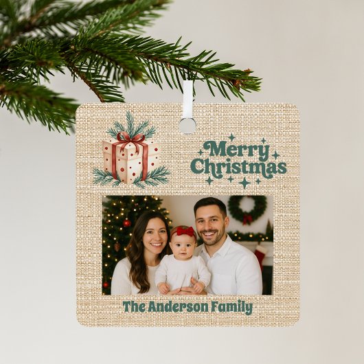 Frohe Weihnachts-Rot-Foto-beige Burlap-Geschenkbox Ornament Aus Metall
