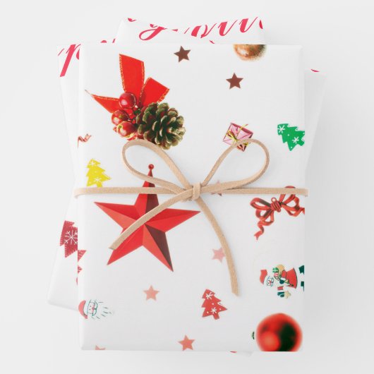 Frohe Weihnachts Rot gemischte Ornamente mit Text Geschenkpapier Set (Beispiel)